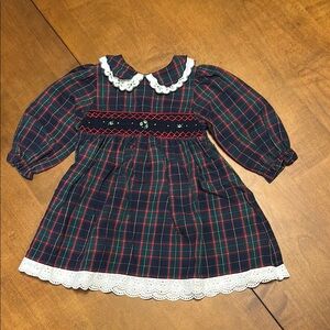 Classic Plaid Long Sleeve holiday Dress with Lace Trim